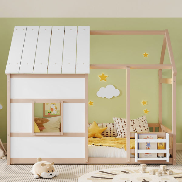English Elm Twin House Frame Floor Bed Pinewood Build with Led Roofline Kids Bedroom Cream,White W697P435884