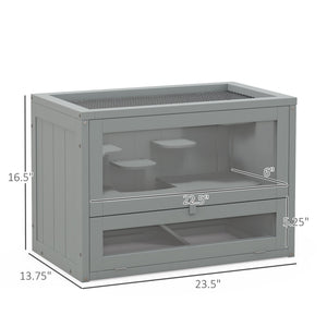English Elm PawHut Wooden 2-Level Small Animal Habitat for Hamsters Mice Gerbils Guinea Pigs with Ramp and Ventilated Top Grey W2225P200495