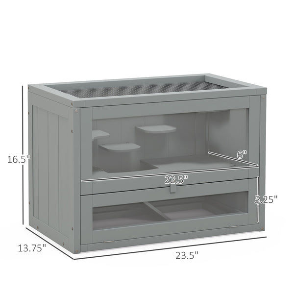 English Elm PawHut Wooden 2-Level Small Animal Habitat for Hamsters Mice Gerbils Guinea Pigs with Ramp and Ventilated Top Grey W2225P200495