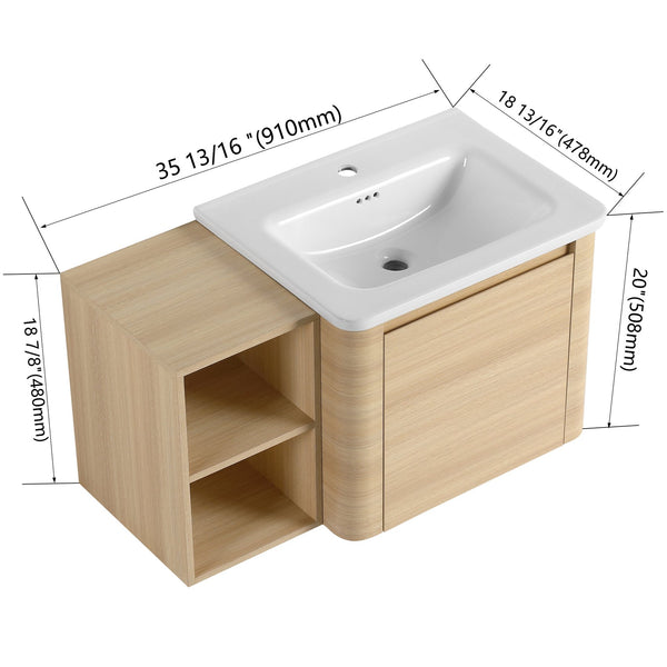 English Elm 36'' Wall-Mounted Bathroom Vanity With Elegant White Sink, Soft-Close Door & Open Storage Shelves W999S00481