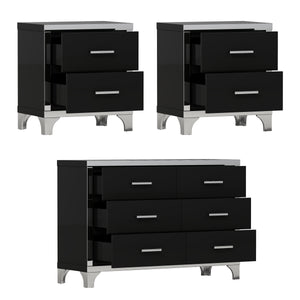 English Elm 3-Pieces Modern Dresser and Two Nightstands with Mirrored Trim, Metal Handles, Spacious Storage Black 55.71 L x 19.29 W x 10.63 H N733S205355B