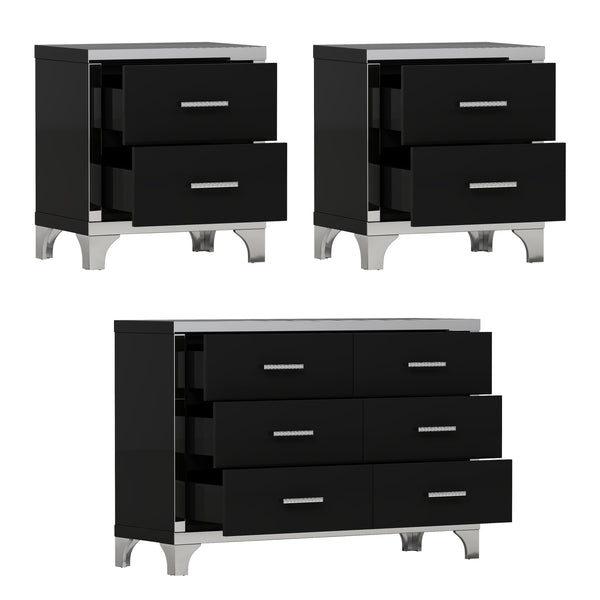 English Elm 3-Pieces Modern Dresser and Two Nightstands with Mirrored Trim, Metal Handles, Spacious Storage Black 55.71 L x 19.29 W x 10.63 H N733S205355B
