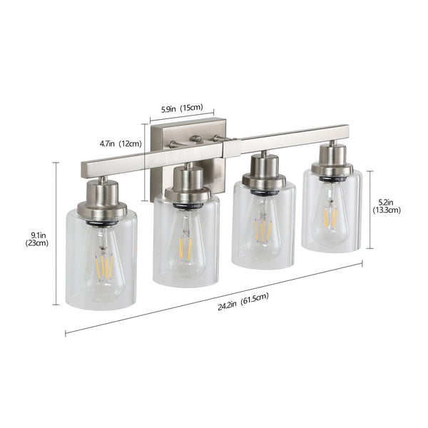 English Elm 24" Modern 4-Light Vanity Wall Sconce with Clear Glass Shades, Iron Frame, Hardwired Bath Lighting Fixture Brushed Nickel W1340P206668