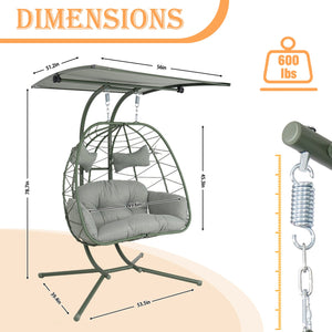 English Elm 2-person Wicker Egg Hanging Chair with Canopy Steel Stand Outdoor Patio Swing T5880P502250