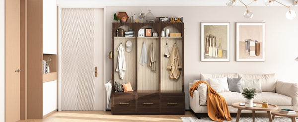 English Elm Farmhouse Hall Tree with Arched Panels Bench Drawers and Hooks for Mudroom Entryway Walnut W5271S00006