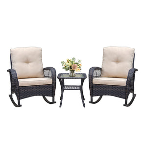 English Elm 3 Piece Outdoor Pe Wicker Rocking Bistro Set with Glass Top Table for Patio W2749P185869