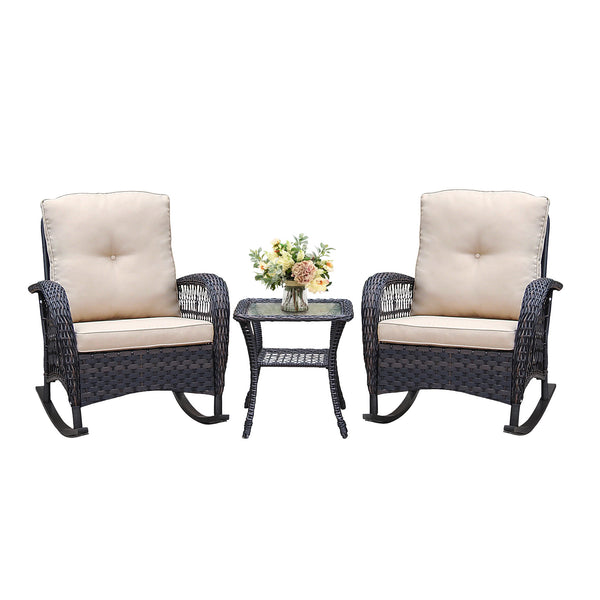 English Elm 3 Piece Outdoor Pe Wicker Rocking Bistro Set with Glass Top Table for Patio W2749P185869