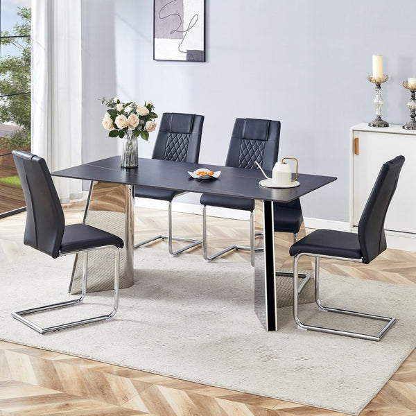English Elm Table 5-Piece Set: Elegant Black Marble-Patterned Top With Stylish Stainless Steel Legs & Pu Chairs W1151S01959-GIGA