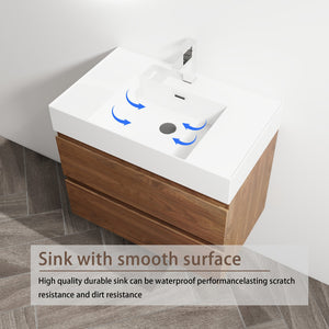English Elm 30" Wall-Mounted Bathroom Vanity With Resin Sink, Soft-Close Drawers & Eco-Friendly Design Options W999S00200