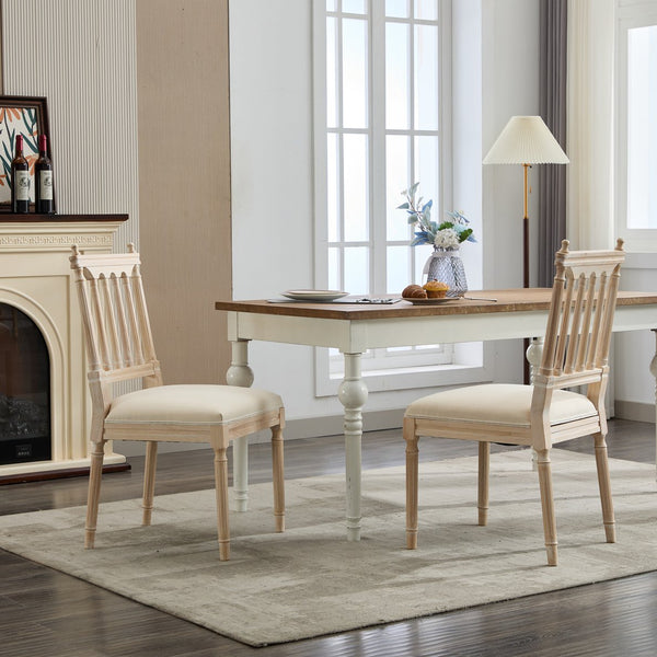 English Elm Antique Linen Upholstered Dining Chairs Set of 2 — Soft Sponge Cushions, Slatted Back, Sturdy Legs (2) W1622P234025