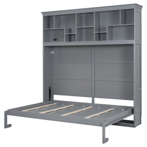 English Elm Queen Murphy Wall Bed Cabinet with Integrated Shelves Usb Charging Space Saving Design Gray LP006668AAE-1
