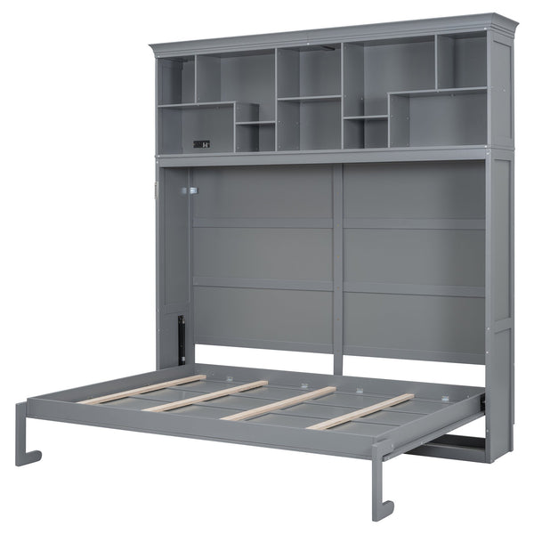 English Elm Queen Murphy Wall Bed Cabinet with Integrated Shelves Usb Charging Space Saving Design Gray LP006668AAE-1
