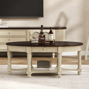 English Elm Vintage Oval Coffee Table With Drawer & Storage Shelf - French Country Charm For Living Rooms N735P277388K-GIGA