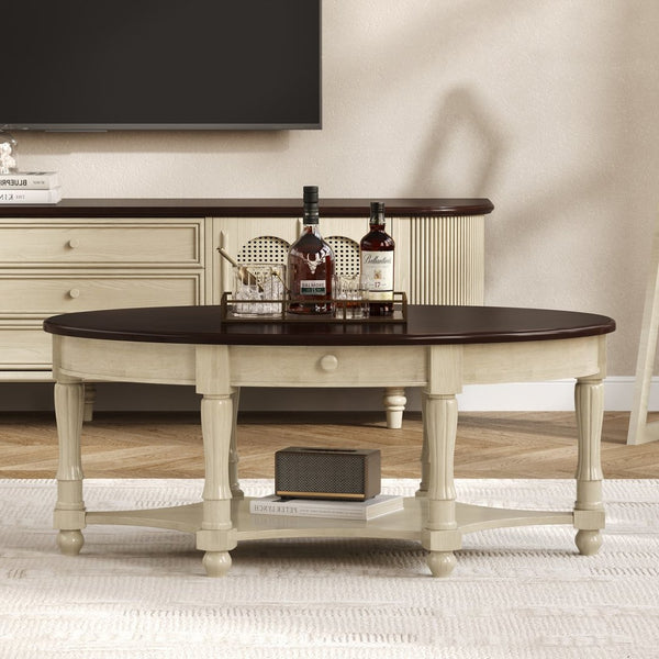 English Elm Vintage Oval Coffee Table With Drawer & Storage Shelf - French Country Charm For Living Rooms N735P277388K-GIGA