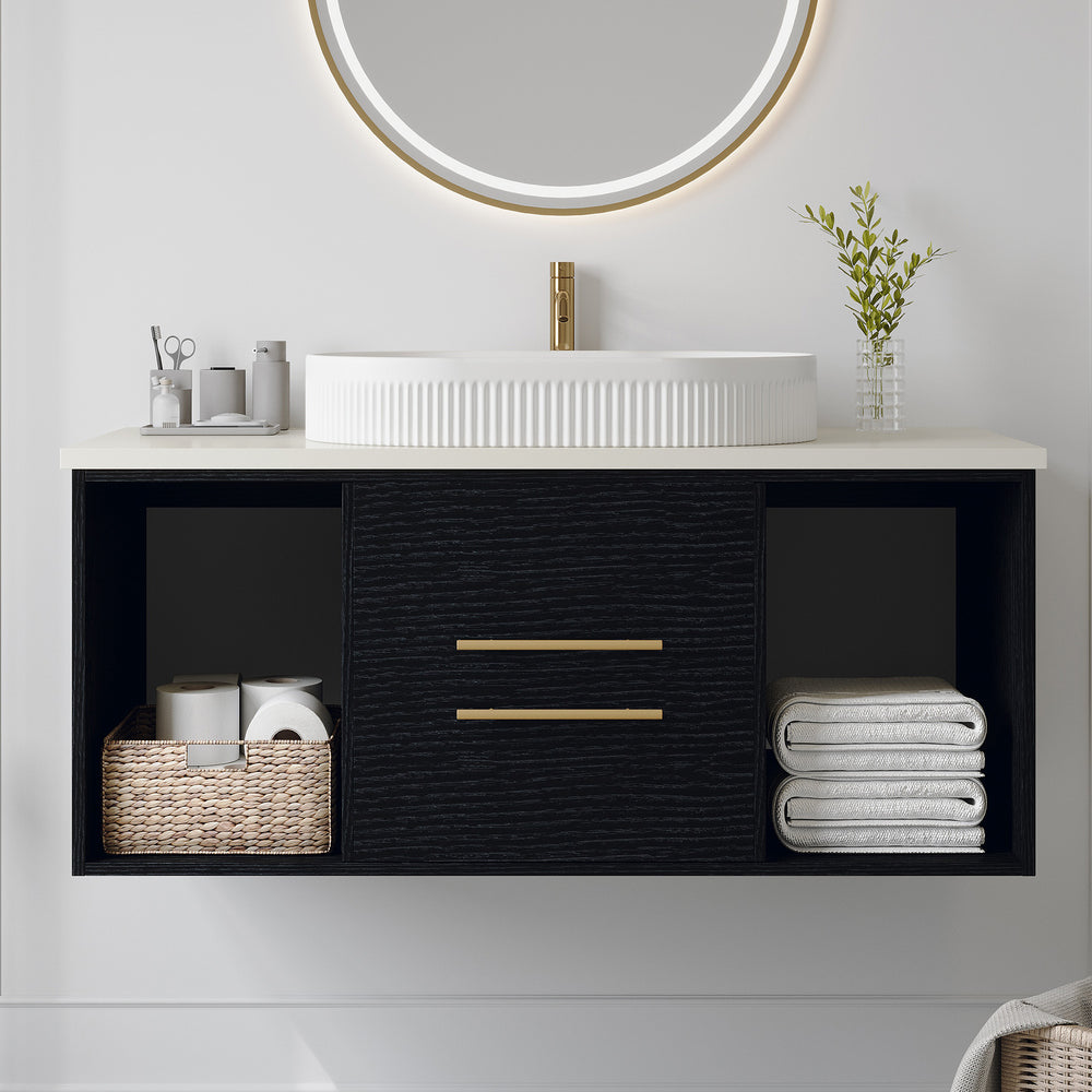 English Elm 39.4 Inch Floating Bathroom Vanity Sintered Stone Top Solid Wood 2 Soft Close Drawers W3136S00076