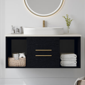 English Elm 39.4 Inch Floating Bathroom Vanity Sintered Stone Top Solid Wood 2 Soft Close Drawers W3136S00076