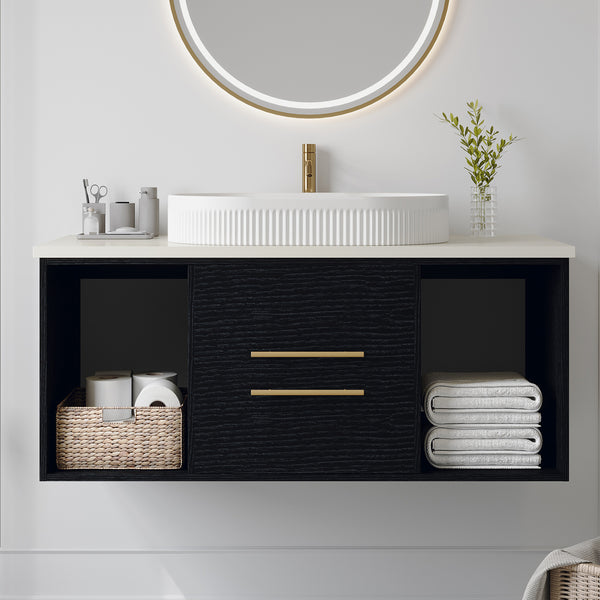 English Elm 39.4 Inch Floating Bathroom Vanity Sintered Stone Top Solid Wood 2 Soft Close Drawers W3136S00076