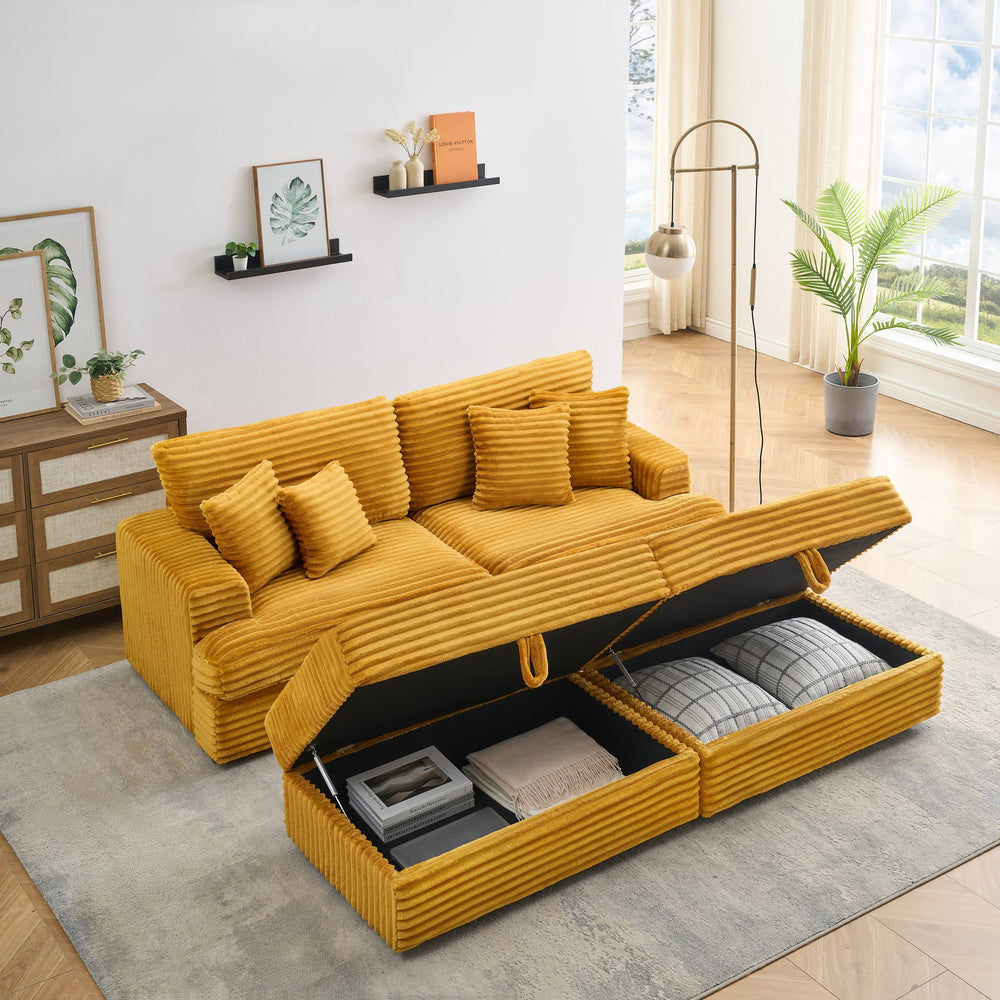 English Elm 88.58 Inch Orange Corduroy Sofa With Storage Legs & 4 Pillows - Plush Comfort For Modern Spaces W3356S00035