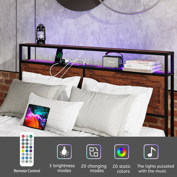 English Elm Queen Metal Platform Bed with 12 Storage Drawers Bookcase Headboard and Rgb Lighting W636S00010