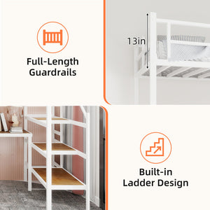 English Elm Loft Bed with L-shaped Desk Stair Storage and Full Guardrail Iron Frame White W1935S00008