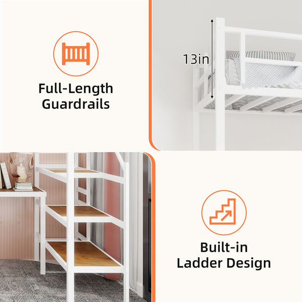 English Elm Loft Bed with L-shaped Desk Stair Storage and Full Guardrail Iron Frame White W1935S00008