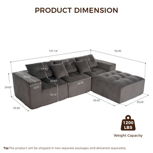 English Elm 101" Modular Cloud Sectional Corduroy Upholstered Sofa Reversible Chaise Living Room Gray W1170S00056