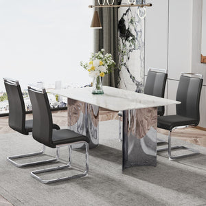 Hearth and Haven Modern Minimalist Dining Table. Imitation Marble Glass Sticker Desktop, Stainless Steel Legs, Stable and Beautiful. 4 Black Leatherette Seats. 63 "x 35.4" x 29.5 "Dt-69 C-1162 W1151S00835