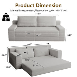 English Elm 70.87" Loveseat Sofa Bed Convertible, Corduroy Memory Foam Deep Seat, No Assembly, Antique Grey White T3936P386184