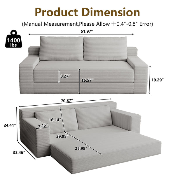 English Elm 70.87" Loveseat Sofa Bed Convertible, Corduroy Memory Foam Deep Seat, No Assembly, Antique Grey White T3936P386184