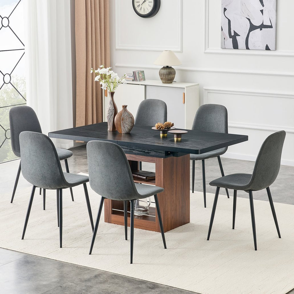 English Elm Expandable Dining Set with Pu Leather Chairs Modern Mdf Table Seats up to Eight Dark Gray,Walnut+Black W1151S04694