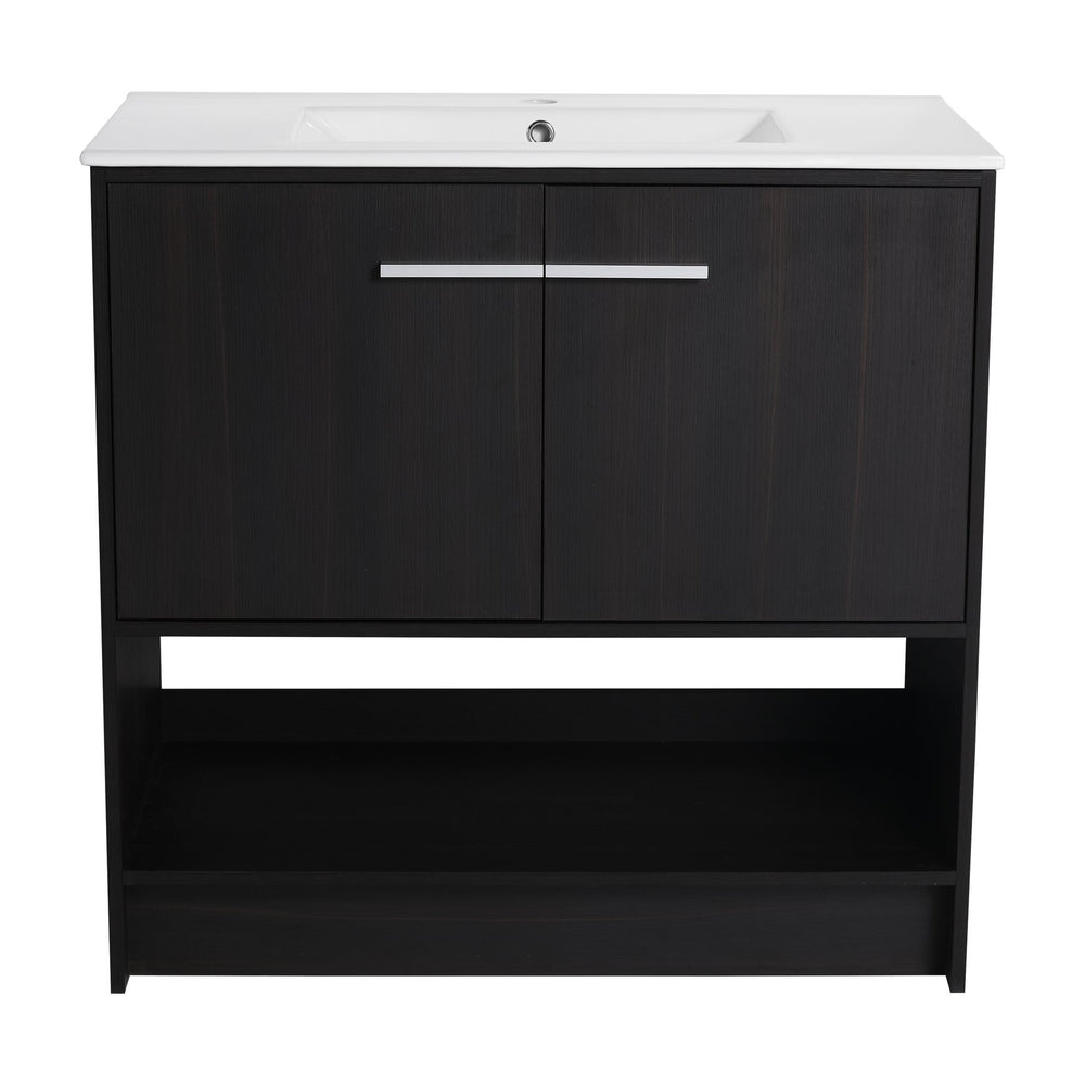 English Elm 36" Bathroom Vanity With Ceramic Sink, Soft-Close Doors, Modern Plywood Cabinet & Open Shelf Storage W1972S00020