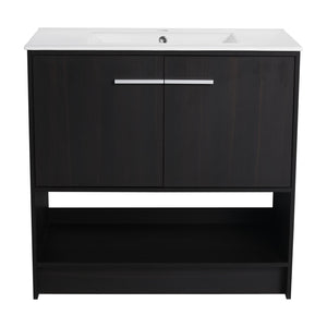 English Elm 36" Bathroom Vanity With Ceramic Sink, Soft-Close Doors, Modern Plywood Cabinet & Open Shelf Storage W1972S00020