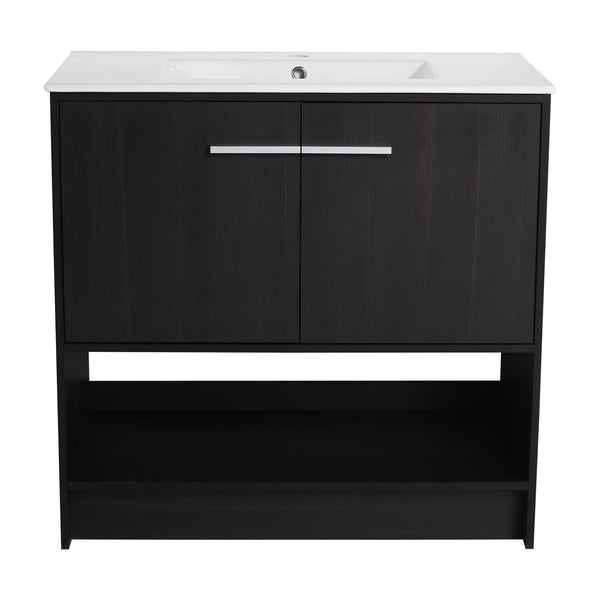 English Elm 36" Bathroom Vanity With Ceramic Sink, Soft-Close Doors, Modern Plywood Cabinet & Open Shelf Storage W1972S00020