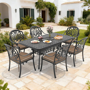 English Elm 7-piece Cast Aluminum Outdoor Dining Set Ornate Relief Patio Furniture with Cushions W1710S00590