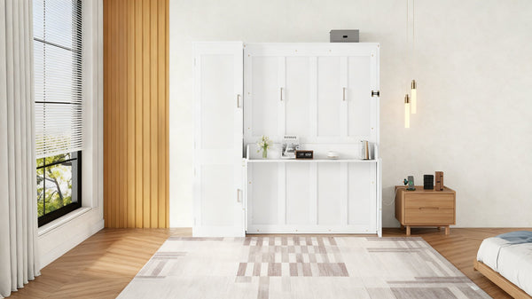 English Elm Queen Murphy Wall Bed with Integrated Desk Gas Strut Lift White Cabinet for Small Spaces W504S00271