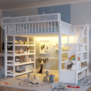 English Elm Full Metal Loft Bed with Stair Storage Rgb Lighting and Charging Station for Teens White W2580S00075
