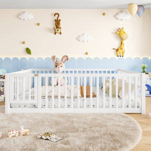 English Elm Queen Kids Floor Bed Pine Wood Frame with Safety Rails Door and Low Profile Design Light White W1580P417672