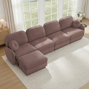 English Elm 137" Oversized Chenille Sectional Sofa with Movable Ottoman and Quilted Cushions Rose Dust W714S01781