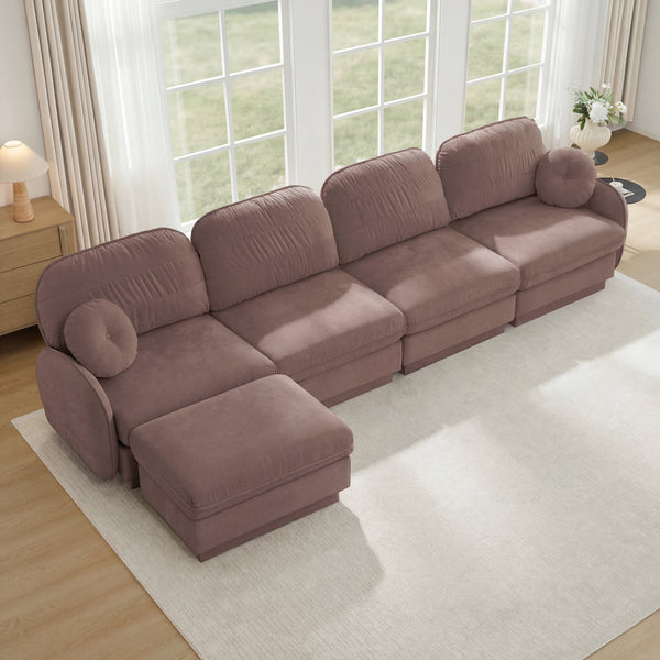 English Elm 137" Oversized Chenille Sectional Sofa with Movable Ottoman and Quilted Cushions Rose Dust W714S01781