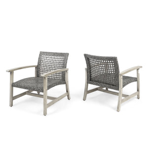 English Elm Christopher Knight Home® - HAMPTON Grey+Black Wood & Wicker Club Chairs Set of 2 — Handcrafted Acacia Frame, Mixed Black Wicker, Cozy 60397.00WTCLMBLK
