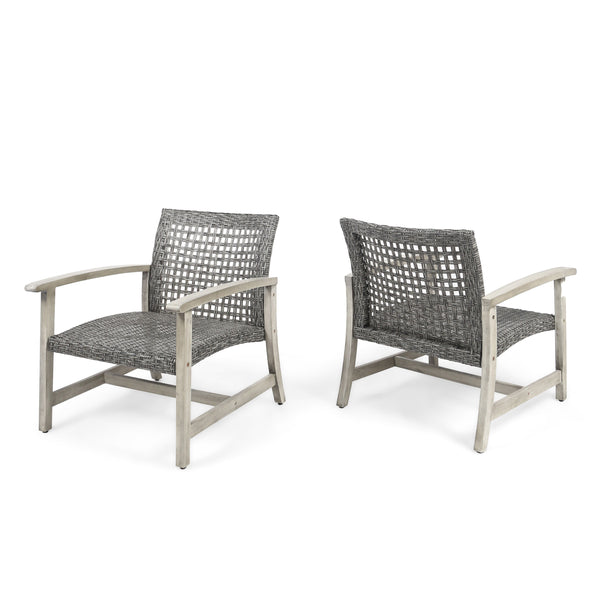 English Elm Christopher Knight Home® - HAMPTON Grey+Black Wood & Wicker Club Chairs Set of 2 — Handcrafted Acacia Frame, Mixed Black Wicker, Cozy 60397.00WTCLMBLK
