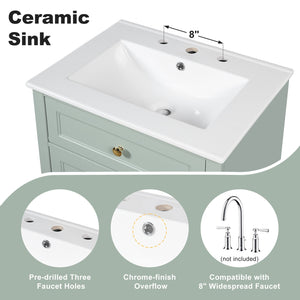 English Elm "24'' 24 Inch Glossy Freestanding Bathroom Vanity with Gold Hardware and Soft Close Storage Green Pinewood N725P375495F