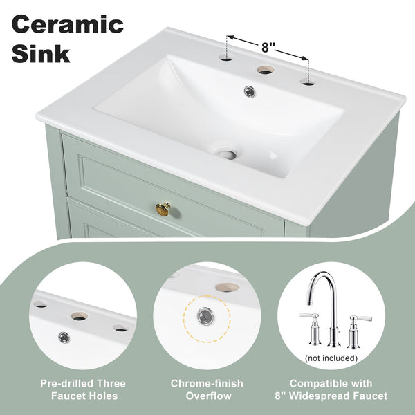 English Elm "24'' 24 Inch Glossy Freestanding Bathroom Vanity with Gold Hardware and Soft Close Storage Green Pinewood N725P375495F