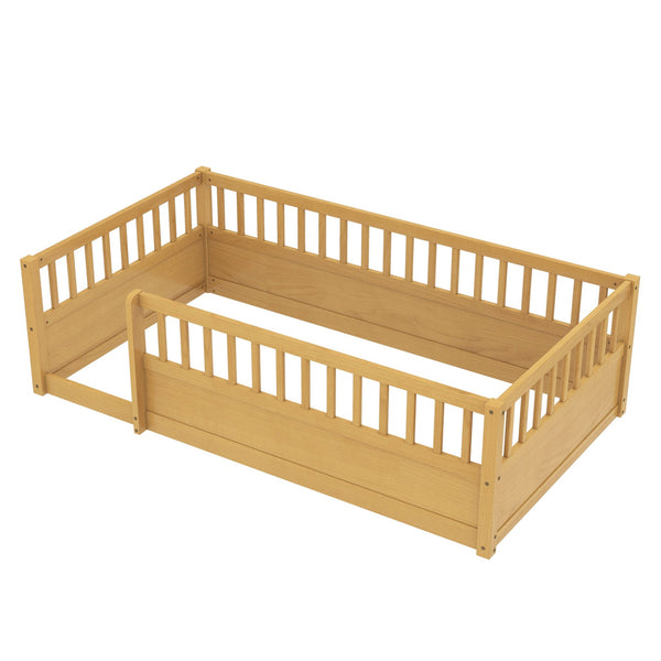 English Elm Twin Montessori Floor Bed Frame for Kids – Pine Playroom Bed with Fence for Reading & Imaginative Play Natural W1580P307880