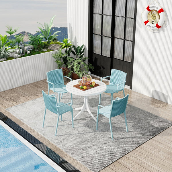 English Elm Summer 5 Piece Stackable Polypropylene Outdoor Dining Set with Round Table for Patios Light Blue,White W3450S00022