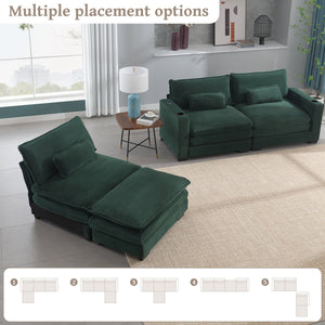 English Elm L Shape Sofa Couch With Usb Ports & Cup Holders, Stylish Green Corduroy 3-Seater & Storage Ottoman W2100S00183