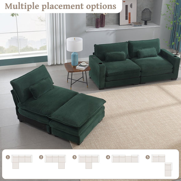 English Elm L Shape Sofa Couch With Usb Ports & Cup Holders, Stylish Green Corduroy 3-Seater & Storage Ottoman W2100S00183