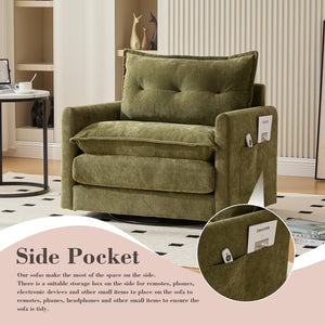 English Elm UNITED Swivel Barrel Chair with Chenille Upholstery, 360° Smooth Rotation, Padded Arm Comfort and Side Pockets for Living Room Relaxation Olive Green W1568P290086