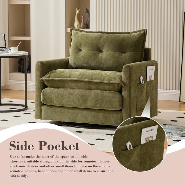 English Elm UNITED Swivel Barrel Chair with Chenille Upholstery, 360° Smooth Rotation, Padded Arm Comfort and Side Pockets for Living Room Relaxation Olive Green W1568P290086