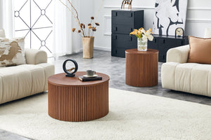 English Elm 2-piece Round Nesting Tables with Fluted Column Base Hidden Storage Oak Grain Finish Walnut W3875P396845
